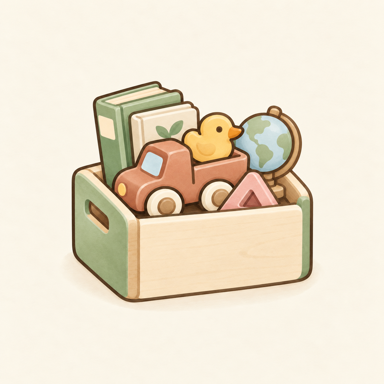 A wooden toy box filled with books, a toy truck, a duck and a globe